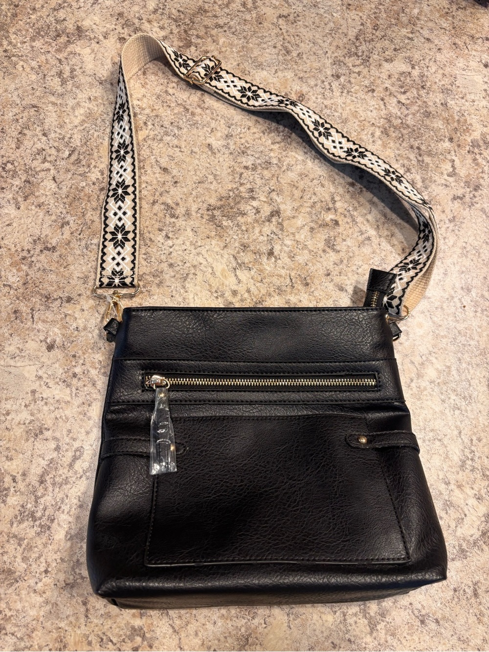 Le Miel Black Crossbody Bag with Patterned Strap